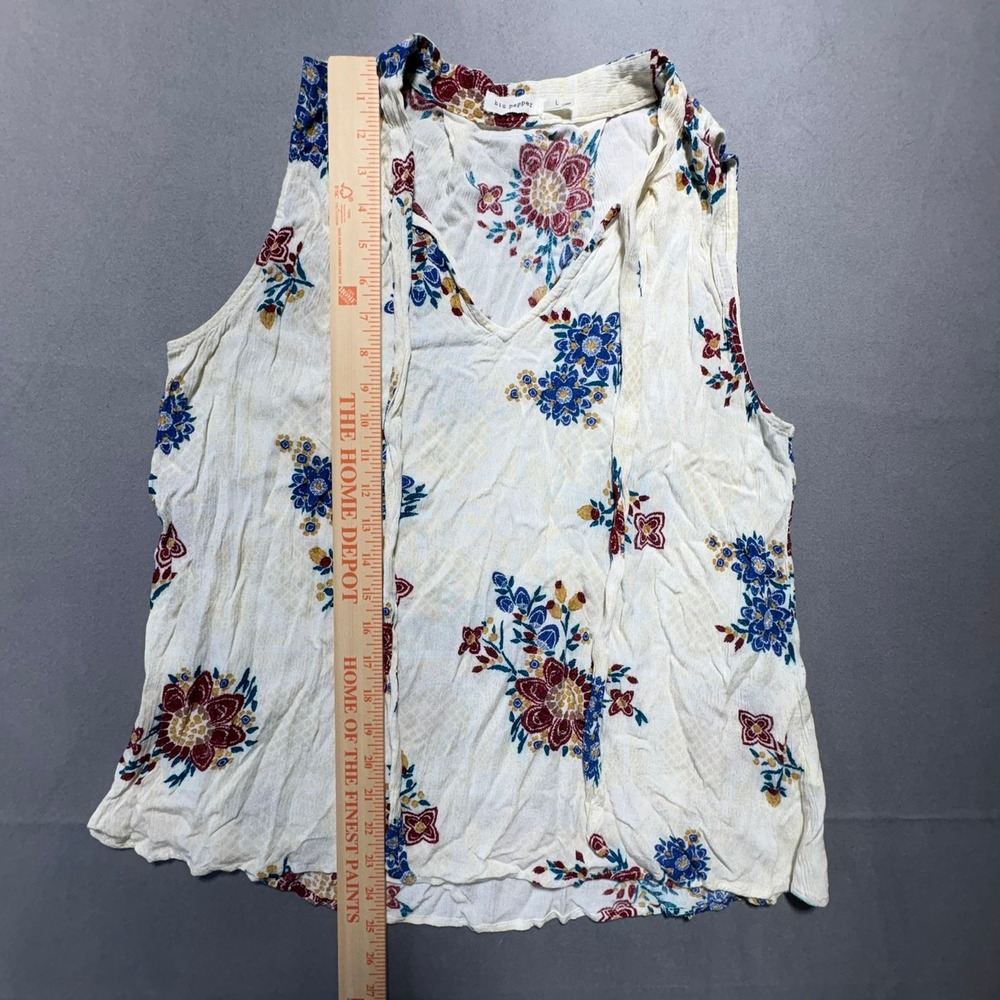 Blu Pepper Floral Sleeveless Blouse Cream Blue V-Neck Rayon Top BA6964 L - Picture 2 of 10